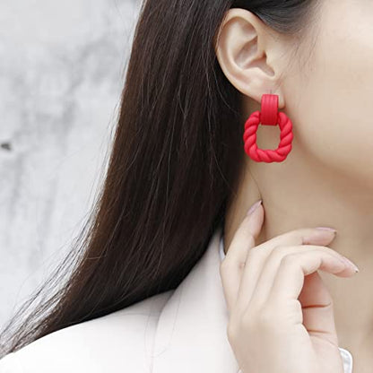 RUOFFETA Rectangle Earrings for Women, Acrylic Square Earrings Twisted Geometric Statement Jewelry - color: Red