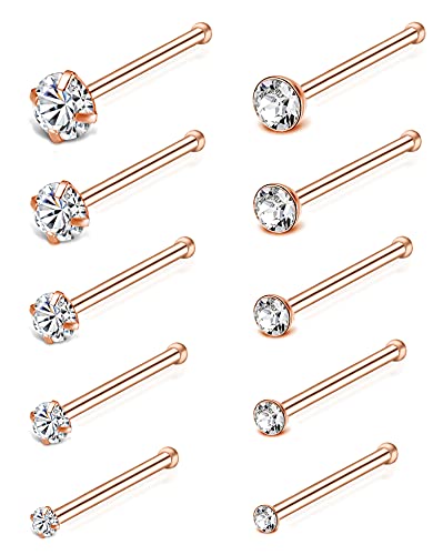 20G 10Pcs Stainless Steel L Screw Bone Shaped Nose Studs Rings Square Round CZ Nose Ring Labret Nose Piercing Jewelry for Men Women Silver Tone 1.5mm-2mm-2.5mm-3mm-3.5mm CZ - style: F:10Pcs,Bone Shaped(Rose Gold Tone)