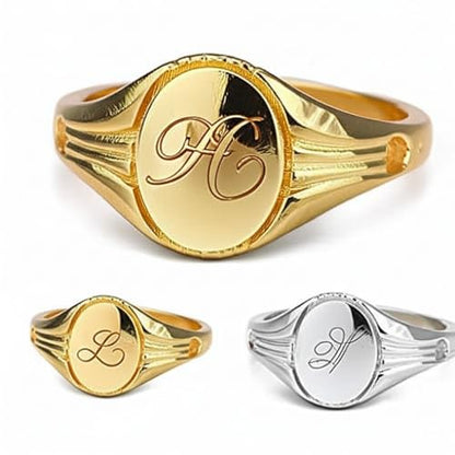 Personalized Oval Signet Ring, Custom Engraved Initials, Valentine's Gifts, Birthday Gift, Letter Engraved Signet Ring, 925 Sterling Silver - color: Yellow Gold Vermeil