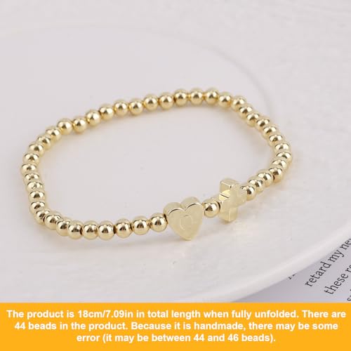 Mikovivi Women's Cross Bracelet with Initial Beads, Elastic Heart Alphabet Charm Stackable Beaded Bracelet Religious Christian Jewelry Gift - style: Letter O