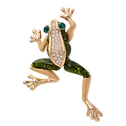 Vintage Gold Tone Crystal Green Enamel Frog Brooch Pin Lucky Symbol Animal Pin