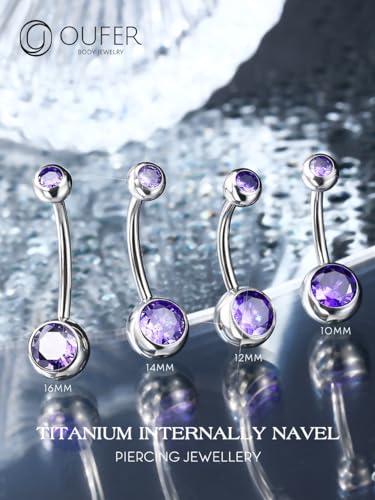 OUFER Titanium Belly Button Rings, Internally Threaded Belly Ring, Round CZ Navel Rings for Women Men - color: Purple, size: 1.6*10MM