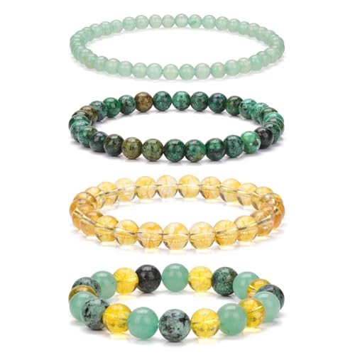 Vinswet 4pcs Beaded Bracelets for Women,Natural Healing Crystal Gemstones Bracelet,Anxiety Stress Relief Bracelet Handmade purple Jewelry Gifts for Women - color: Aventurine&African Turquoise&Citrine