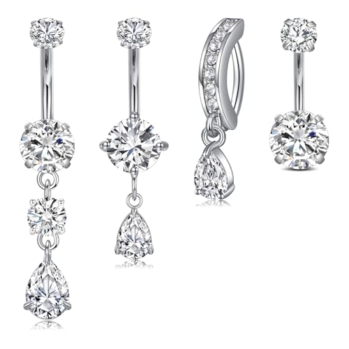 Briana Williams Belly Button Ring Clear CZ Dangle Belly Button Piercing Belly Rings Dangle Belly Button Rings Surgical Steel Teardrop Dangle Belly Button Jewelry for Women Silver Gold - color: D -silver