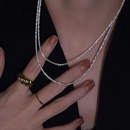 Herringbone Choker Necklace Set Double Layer Snake Chain Herringbone Chain Necklace Layering Necklace Set Cuban Chain Necklace for Women - style: 2Layered Shiny Rope Chain-SL