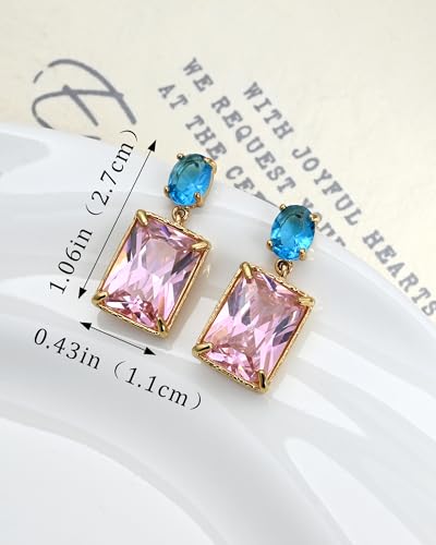 14K Gold Plated Pink Crystal Stud Square Stone Drop Dangle Geometric Earrings for Women Vacation Jewelry - color: Pink＆Blue