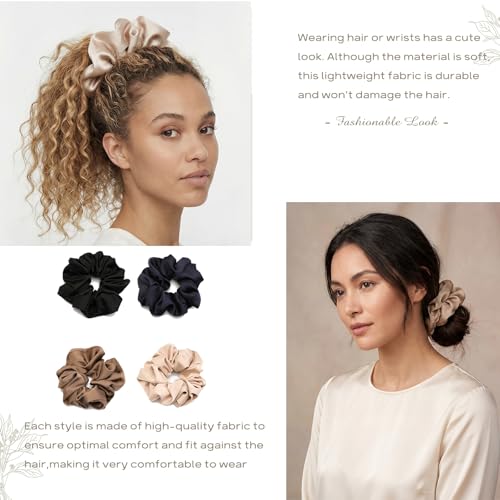 4 PCS Large Satin Silk Scrunchies for Women Big Hair Scrunchies Thick Hair | Black Navy Brown Champagne / Stretched 10" Length / No Damage / Gift Box /Diameter: 5 inches / All Hairstyles - color: Black Navy-Blue Brown Champagne, size: 1 Count (Pack of 4)