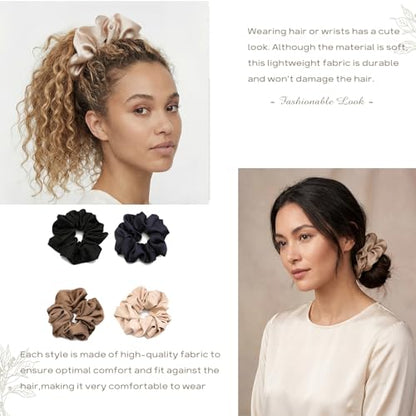 4 PCS Large Satin Silk Scrunchies for Women Big Hair Scrunchies Thick Hair | Black Navy Brown Champagne / Stretched 10" Length / No Damage / Gift Box /Diameter: 5 inches / All Hairstyles - color: Black Navy-Blue Brown Champagne, size: 1 Count (Pack of 4)