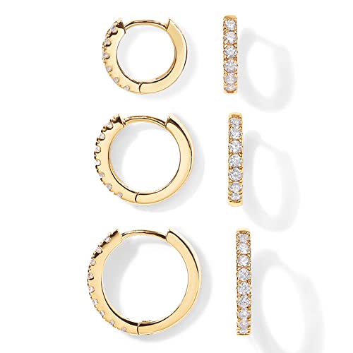 PAVOI Gold Hoop Earrings for Women - 14K Gold Plated 925 Sterling Silver Posts 3 Pairs Hoop Earrings Set for Women - Hypoallergenic Huggie Earring Pack - style: Cubic Zirconia