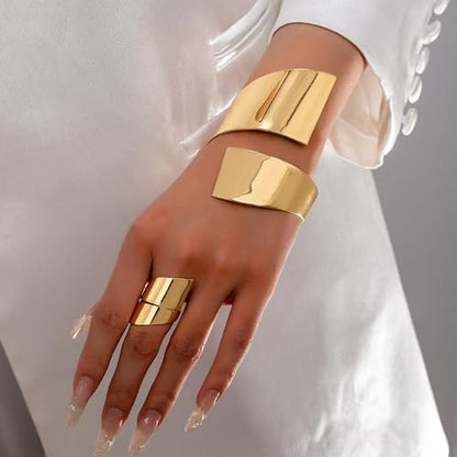 Gold Jewelry Sets for Women Bangle Ring Set Chunky Bangle Bracelet And Ring Statement Jewelry Set for Women - style: Gold-A
