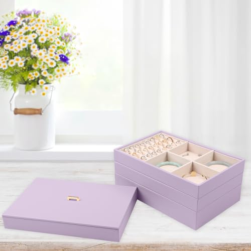 Voova Stackable Jewelry Organizer Tray with Lid (Set of 4, Lavender) | Stackable PU leather jewelry trays with drawer inserts for earrings, rings, necklaces, bracelets and watches; set of 4 - color: Lavender