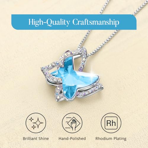 Butterfly Necklace, Birthstone Crystal, for Women, Silver Tone Pendant Jewelry, Anniversary Birthday Gift for Her, Wife & Mom, 18"+2" - color: 12a-December Birthstone - Aquamarine Blue Crystal