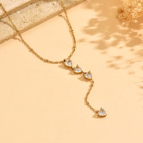 Lariat Necklaces for Women 18K Gold Plated Cubic Zirconia Heart Necklaces Dainty Star Lightning Sun and Moon Necklace Trendy Y Shaped Drop Diamond Necklace - color: 4 Heart CZ Y Necklace-Gold