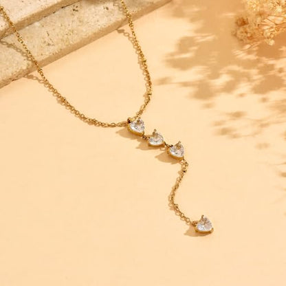 Lariat Necklaces for Women 18K Gold Plated Cubic Zirconia Heart Necklaces Dainty Star Lightning Sun and Moon Necklace Trendy Y Shaped Drop Diamond Necklace - color: 4 Heart CZ Y Necklace-Gold