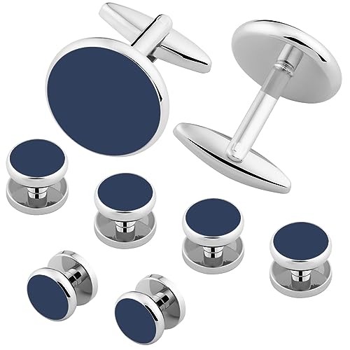 Cufflinks for Men and Tuxedo Shirt Studs Set with Gift Box Stainless Steel Cuff links - style: Navy blue