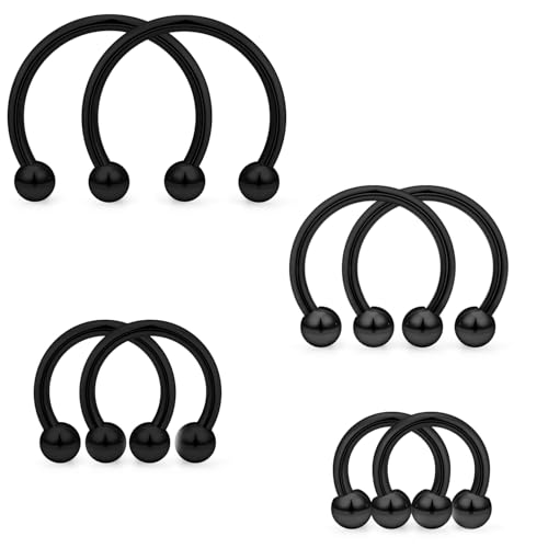 16PCS 16G Multiple Different Sizes Horseshoe Barbell Surgical Steel Nose Septum Rings Hoop Daith Earring Eyebrow Helix Vertical Lip Piercing Jewelry for Women Men - color: 8pcs,16g,black