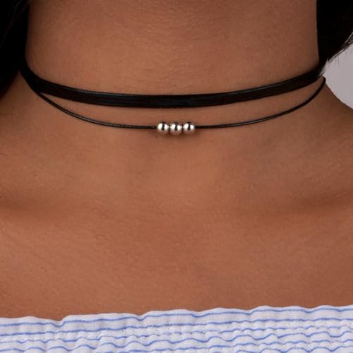 Fesciory Black Necklaces for Women, Adjustable Layered Velvet Leather Lace Collar Necklace, Goth Jewelry Gifts. - color: 3Beads