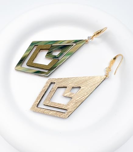 Ozel - Natural Wooden Acrylic Boho Drop Dangle Earrings for Women - Geometric Statement Jewellery - Brown, Black, Magent Red, Olive Green, White beige - color: Diamond_Olive