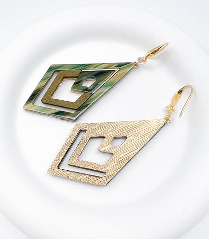 Ozel - Natural Wooden Acrylic Boho Drop Dangle Earrings for Women - Geometric Statement Jewellery - Brown, Black, Magent Red, Olive Green, White beige - color: Diamond_Olive