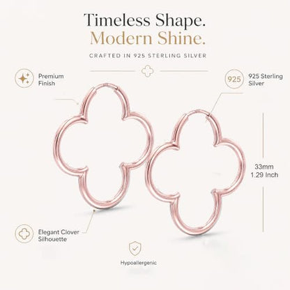 LeCalla 925 Sterling Silver Clover Hoop Earrings for Women | Lightweight Endless Clover Flower Shaped Earrings | Quatrefoil Open Hoop Earring Jewelry Gifts for Women - color: Clover Hoop - Rose Gold 33MM(Medium)