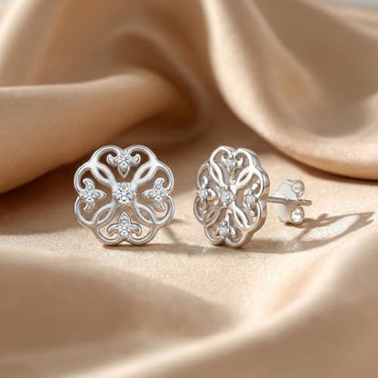 LeCalla 925 Sterling Silver Cubic Zirconia Stud Earrings for Women | Classic CZ Silver Earrings Jewelry | Birthday Anniversary Valentine’s Day Gift for Her, Wife, Mom - color: CZ Flower Filigree
