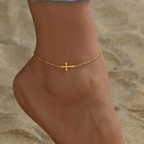 NONAMOIS Ankle Bracelets for Women Dainty 18K Gold Plated Anklet Waterproof Round Beaded Paperclip Herringbone Pearl Chain Anklets Waterproof Beach Foot Jewelry - color: Satellite Cross-Gold