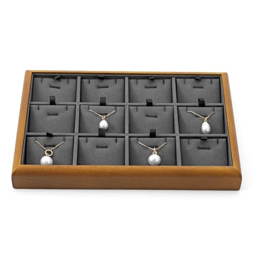 Oirlv Dark Grey Wood Jewelry Pendant Display Tray | Dark Grey Solid Wood Frame, Soft Microfiber Lining, 9.84X17X1.18in, Elegant Display, Perfect for Necklaces and Pendants - color: Grey, size: 12 insert
