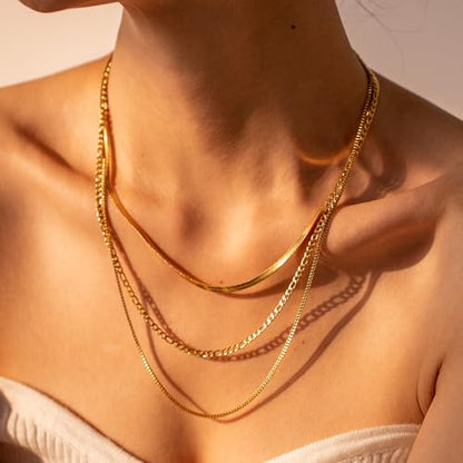 Layered Gold Necklaces for Women14K Gold Planted Non Tarnish | Cuban, Herringbone,Figaro,Paperclip Chain Layering Stack Choker Necklace , Trendy Jewelry Gift for Women - color: F