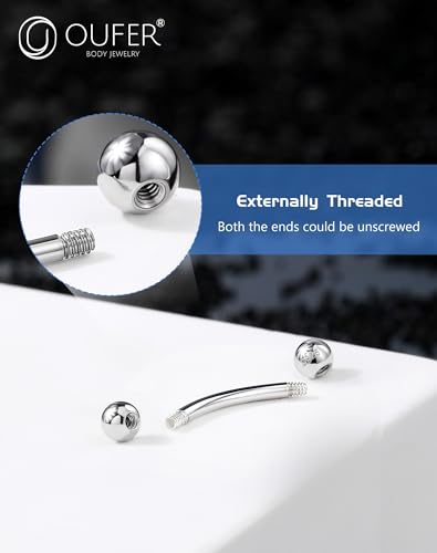 OUFER 925 Sterling Silver Rook Piercing Jewelry, Eyebrow Piercing Jewelry, Vertical Labret Lip Jewelry, 16G Curved Barbells, Eyebrow Rings, Daith Rook Earrings for Women Men-8mm
