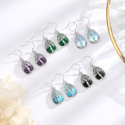 AEONSLOVE Tree of Life Crystal Earrings with Sterling Silver Ear Hooks, Dangle Drop Tree Earrings Gifts for Women - style: A01-Moonstone-Teardrop