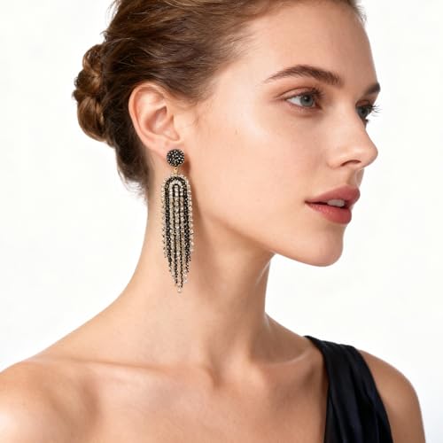 Fringe Dangling Tassel Earrings for Women, Handcrafted Chandelier Long Bohemian Beaded Cubic Zirconia Crystal Imitation Pearls Inlay Statement Boho Chain Hook Earrings for Wedding Party - color: White Black Fringe