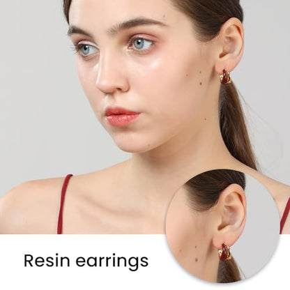 Chunky Resin Teardrop Earrings, 18K Gold Acrylic Resin Drop Hoops，Hypoallergenic Fashion Jewelry for Women,18K Gold Plated Resin Drop Earrings - color: Wine Red