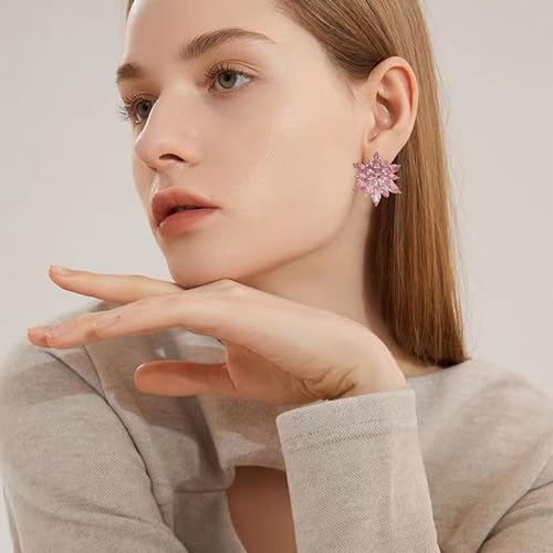 Crystal Flower Burst Stud Earrings Large Big Sparkly CZ Cubic Rhinestone Floral Cluster Flower Stud Earrings Bridal Wedding Party - color: Pink