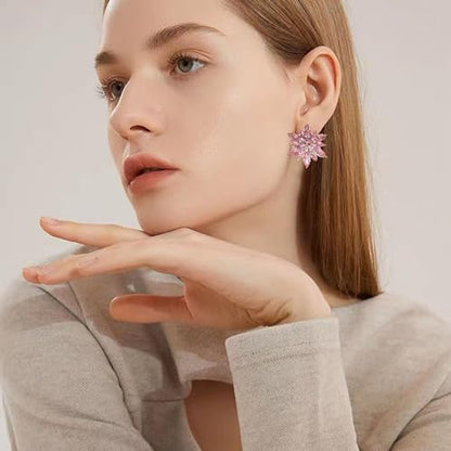 Crystal Flower Burst Stud Earrings Large Big Sparkly CZ Cubic Rhinestone Floral Cluster Flower Stud Earrings Bridal Wedding Party - color: Pink
