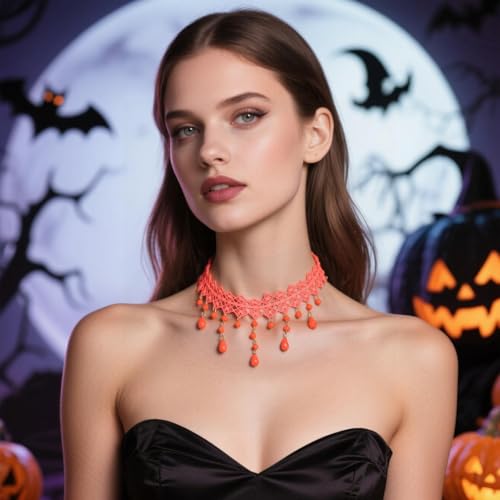 Gothic Necklace for Women Goth Lace Necklace Choker Halloween Witch Accessories Velvet Vampire Jewelry - color: Orange