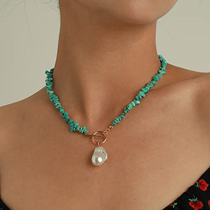 Bohemian Stone Pearl Choker Necklace for Women Dainty Natural Irregular Stone Choker Turquoise Beaded Lariat Necklace Simple Fashion OT Toggle Spiritual Handmade Jewelry - color: Turquoise