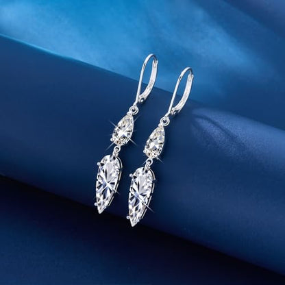 ALEXCRAFT Silver Long Teardrop Dangle Earrings for Women Hypoallergenic Cubic Zirconia Drop Leverback Earrings Trendy CZ 2-Stone Long Crystal Teardrop Dangle Earings for Jewelry Gifts - color: Silver