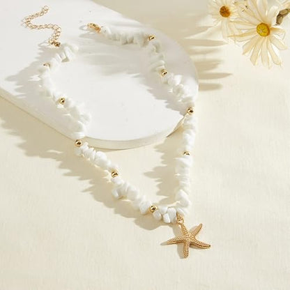Gold Starfish Necklace Natural Stone Beaded Necklaces for Women Boho Handmade Irregular Stone Bead Necklace Summer Beach Ocean Jewelry Gift - color: White