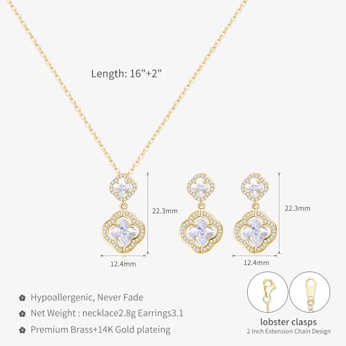 14K Gold Plated | 14K Platinum Plated Necklace for Women Necklace Earrings Set with Sparkling Zircon Inlay and Silver Post Earrings - color: Double floral necklace set silver