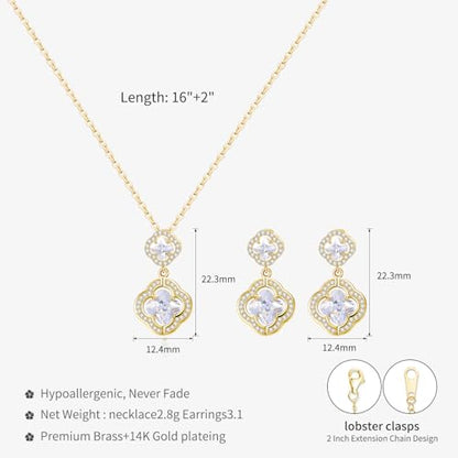 14K Gold Plated | 14K Platinum Plated Necklace for Women Necklace Earrings Set with Sparkling Zircon Inlay and Silver Post Earrings - color: Double floral necklace set silver
