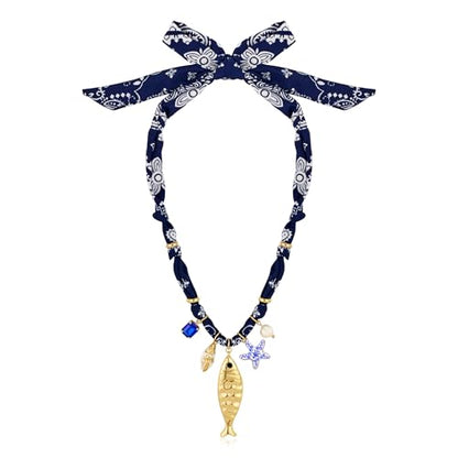 CLASSYZINT Scarf Necklace with Charms Heart Choker Necklace Shell Necklace Bandana Necklac Statement Choker Jewelry - color: Blue Fish Pendant