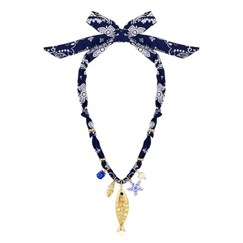 CLASSYZINT Scarf Necklace with Charms Heart Choker Necklace Shell Necklace Bandana Necklac Statement Choker Jewelry - color: Blue Fish Pendant