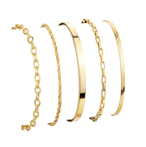 Dainty Gold Bracelet for Women Trendy Non Tarnish, Thin Bracelets Stackable Set with Bangle Cuff, Box, Herringbone, Paperclip, Figaro, Sparkling Link Chains Waterproof, Simple Jewelry Gifts for Women - color: style 02-gold