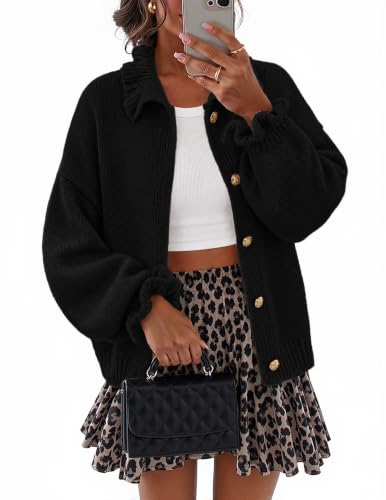 MEROKEETY Women's Fall Trendy Chunky Knit Cardigan Casual Ruffle Sweaters | Button Down, Long Sleeve, Cute Ruffle Collar, Mock Neck, Fashion Cozy Knit Sweater, Dressy Casual Winter Outerwear Clothes - color: Black, size: Medium