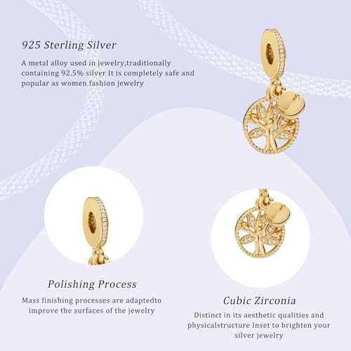 14K Gold Plated Silver Charms for Pandora, Women Heart Family Love Pet Animal Bead Dangle for Bracelets Necklace Jewelry Gift - color: B-Golden Family Tree