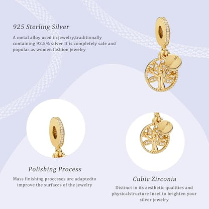14K Gold Plated Silver Charms for Pandora, Women Heart Family Love Pet Animal Bead Dangle for Bracelets Necklace Jewelry Gift - color: B-Golden Family Tree