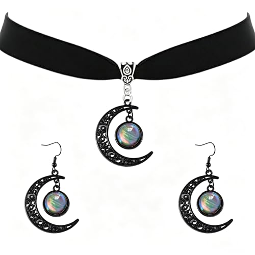 ONLYJUMP Gothic Witch Moon Earrings Necklace Set for Women Goth Black Velvet Moon Choker Necklace Moon Zirconia Dangle Drop Earrings Dark Halloween Witch Vampire Jewelry - color: colorful