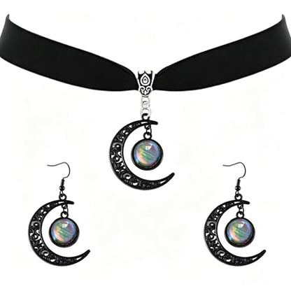 ONLYJUMP Gothic Witch Moon Earrings Necklace Set for Women Goth Black Velvet Moon Choker Necklace Moon Zirconia Dangle Drop Earrings Dark Halloween Witch Vampire Jewelry - color: colorful