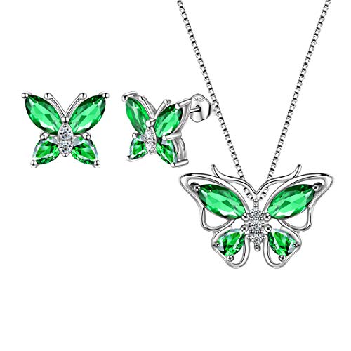 Aurora Tears Butterfly Jewelry,Women 925 Sterling Silver Butterflies Birthstone Pendant Necklace/Earrings/Rings Wedding Gift - color: E.May-set 1