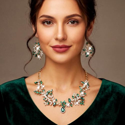 Green Rhinestone Indian Jewelry Set Gold Bridal Wedding Necklace and Earrings Sets Prom Costume Jewelry for Women and Brides - color: Gold Green